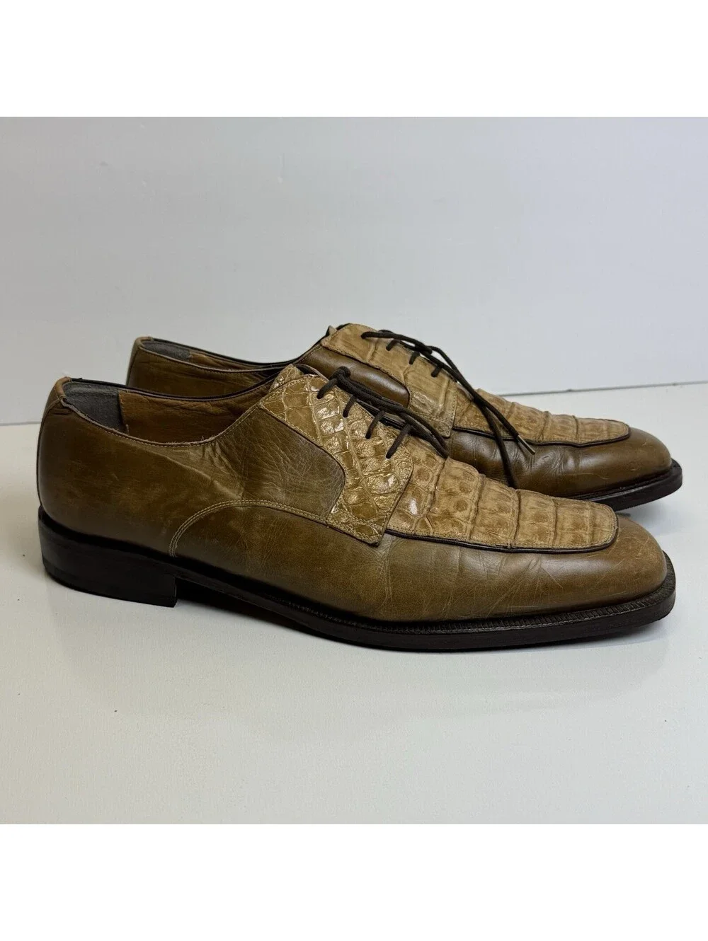 Vintage Caporicci Shoes Oxfords Sz 13 Brown Crocodile Leather Lace Up Italy Tan